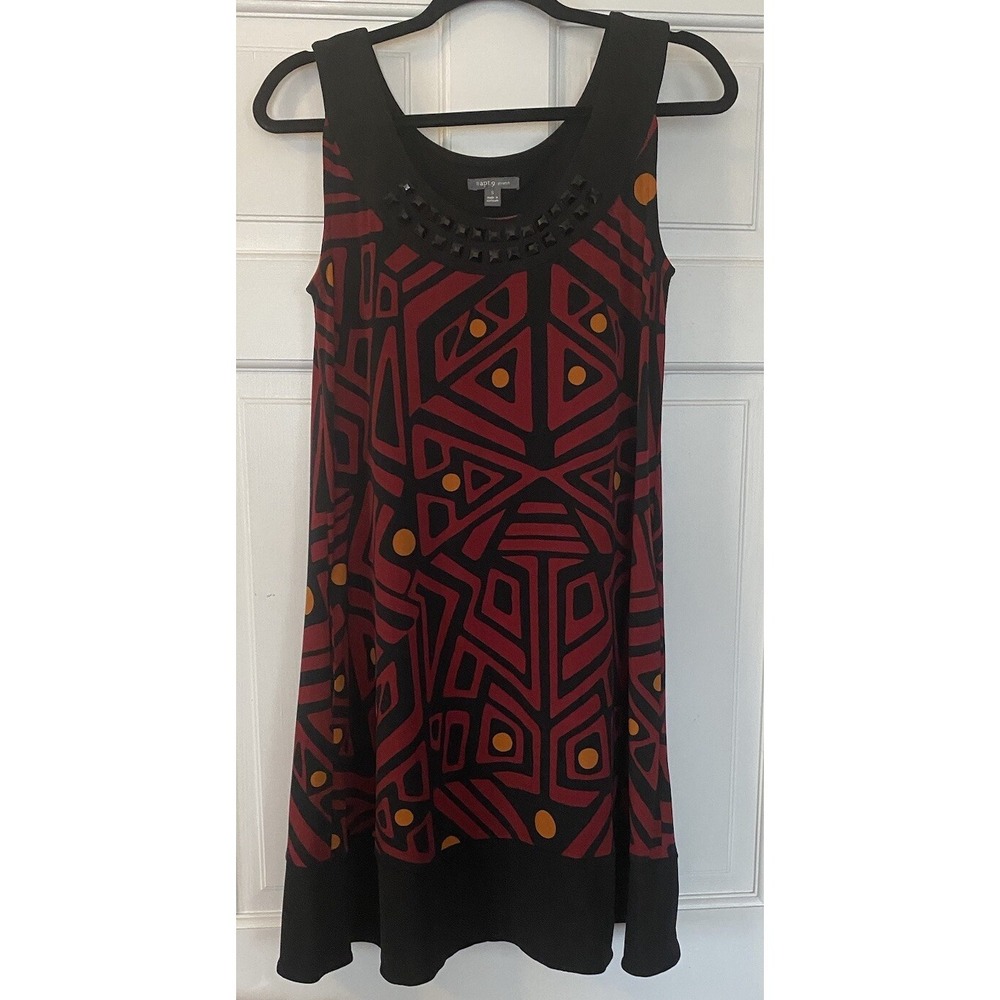 Apt 9 Women Slip Dress Black Red Geometric Print Embellishments SZ S Sleeveless